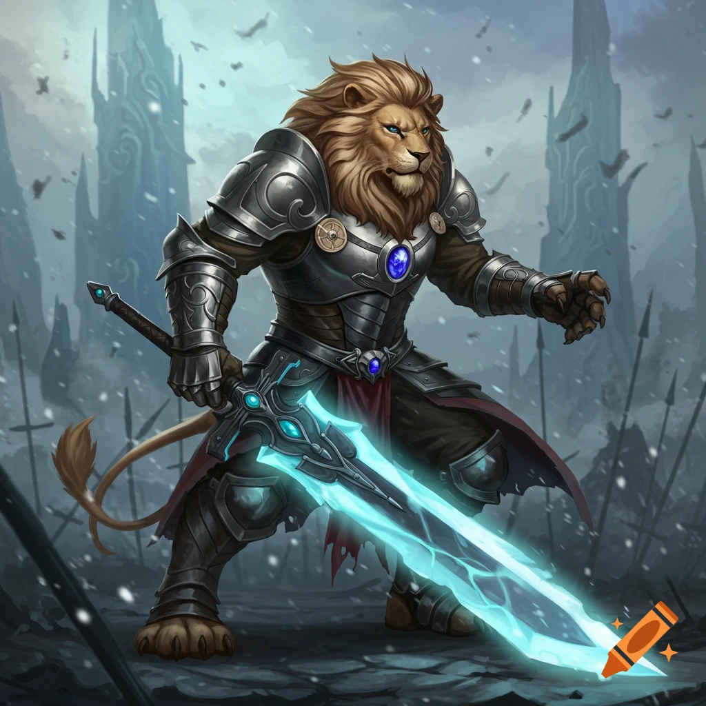 Anthro lion warrior in ornate armor holds a glowing sword in a snowy fantasy landscape.