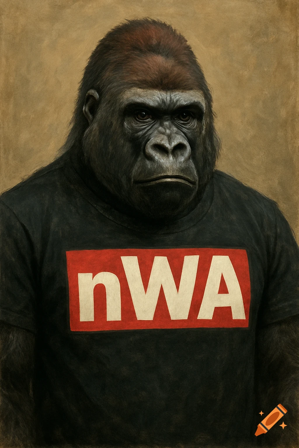 Realistic drawing of a gorilla wearing a black t-shirt with 'nWA' in a red box.
