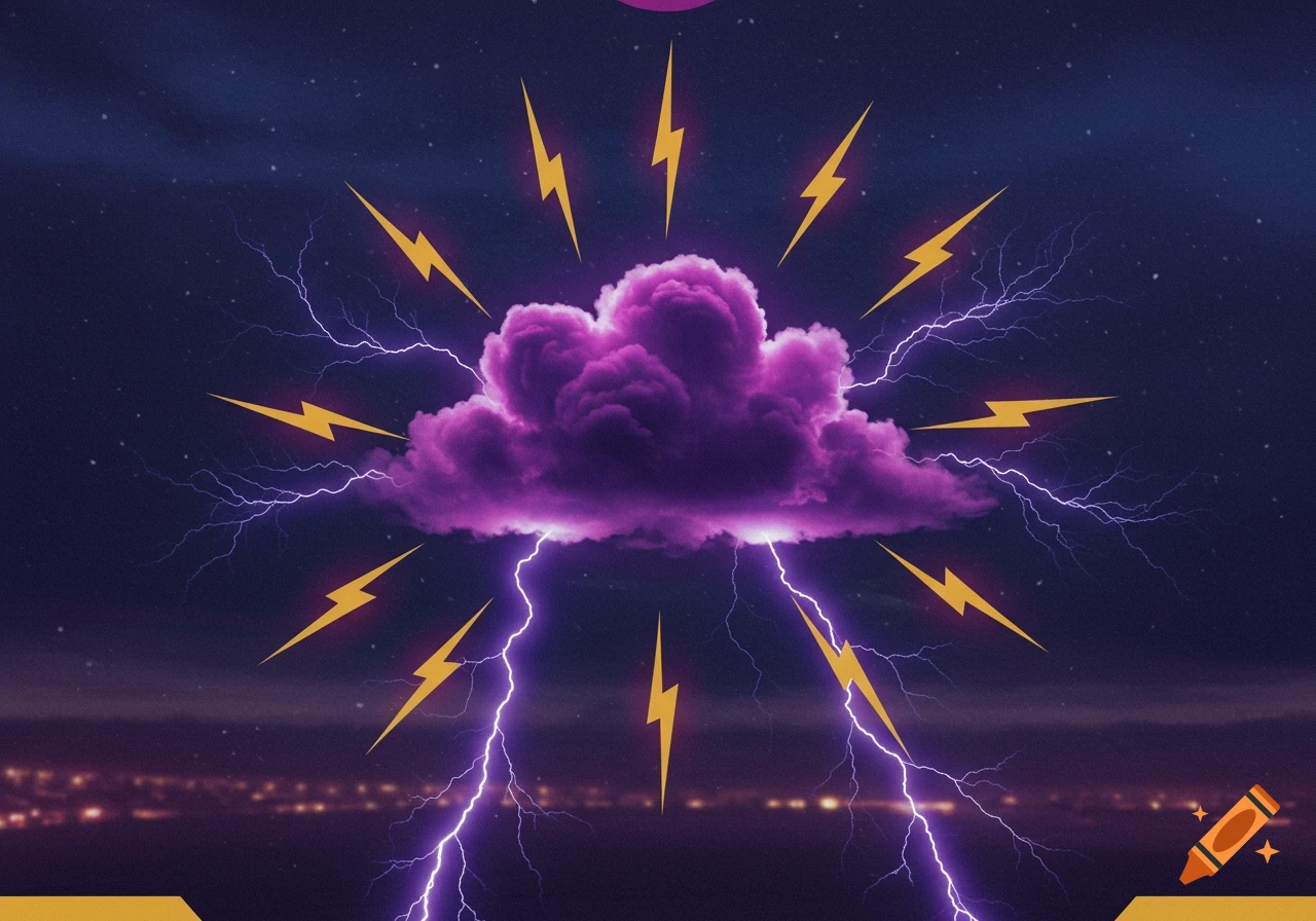 Purple storm cloud with lightning and golden bolts over a city at night.