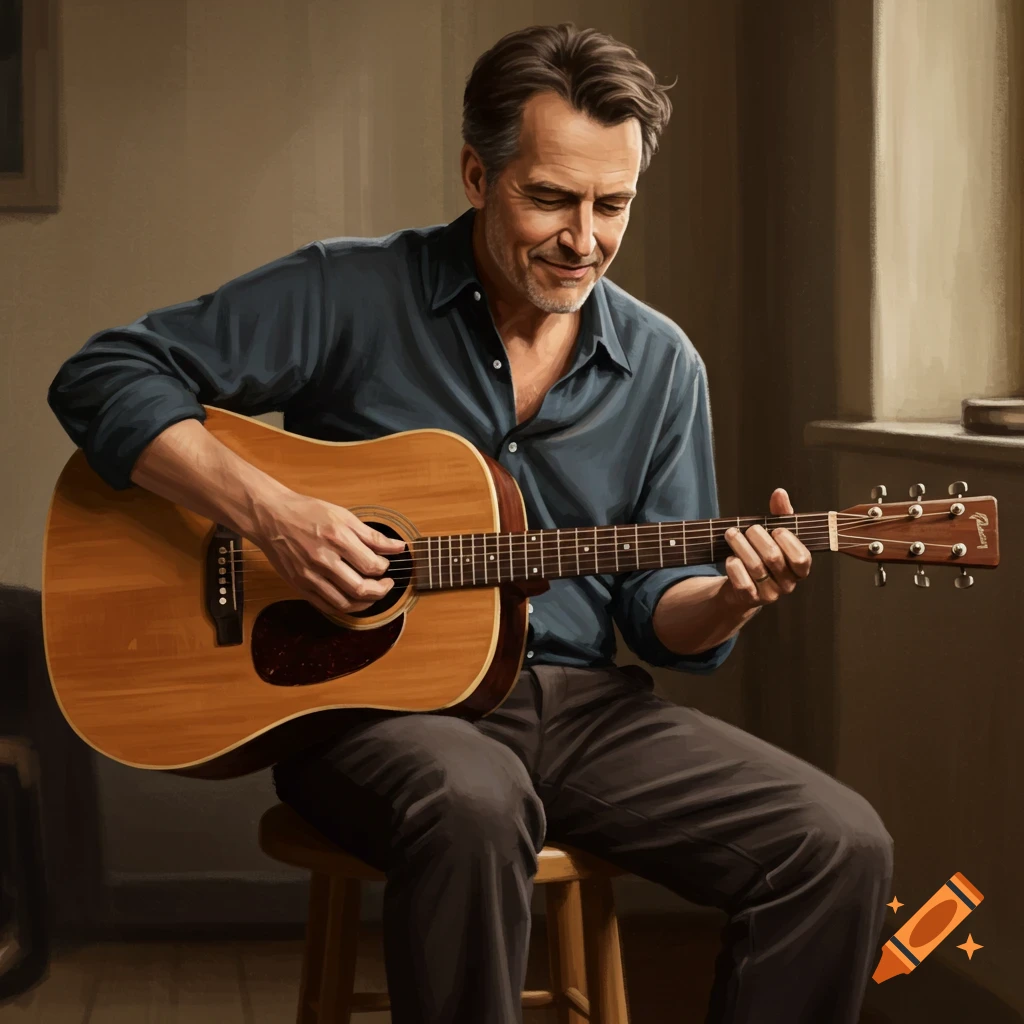 A man sits on a stool and plays an acoustic guitar.