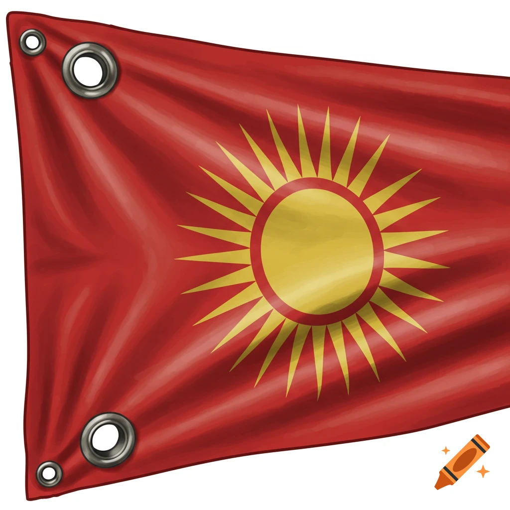 A red flag with a yellow sun symbol and metal grommets.