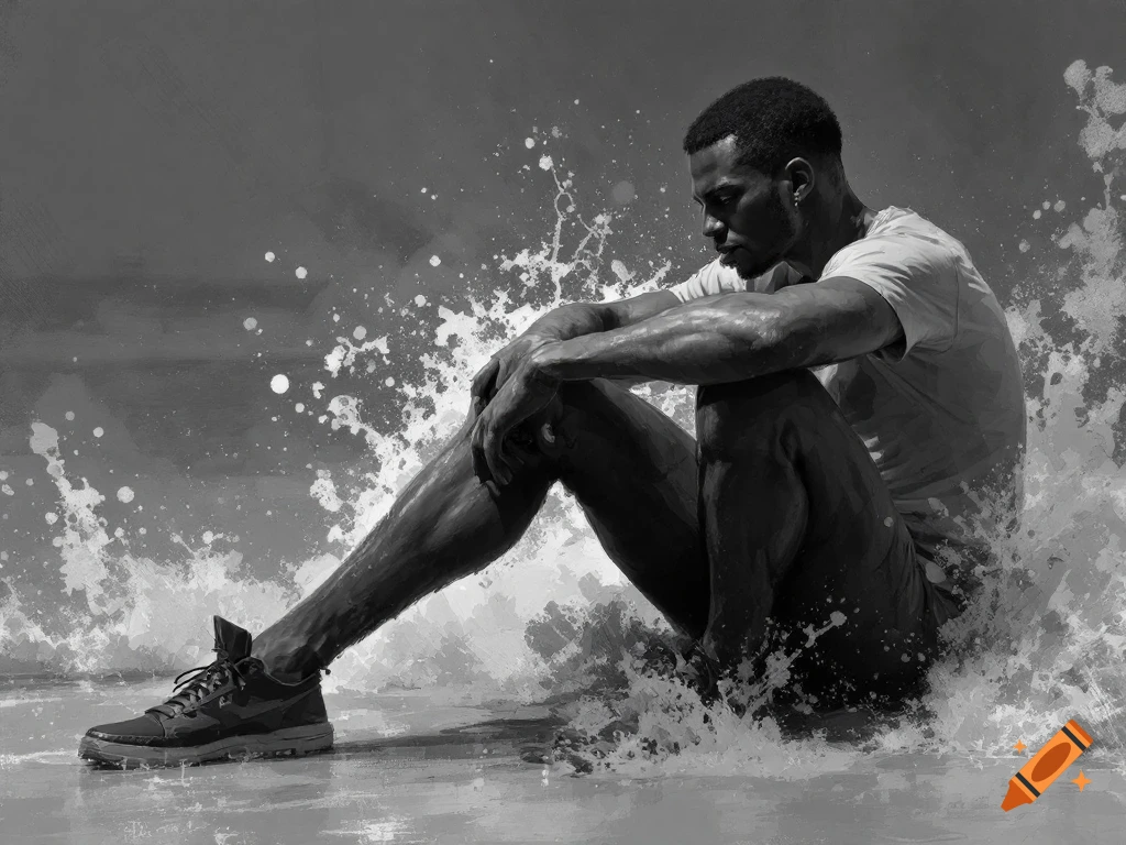 A man sits on the ground with water splashing around him in a monochrome drawing.