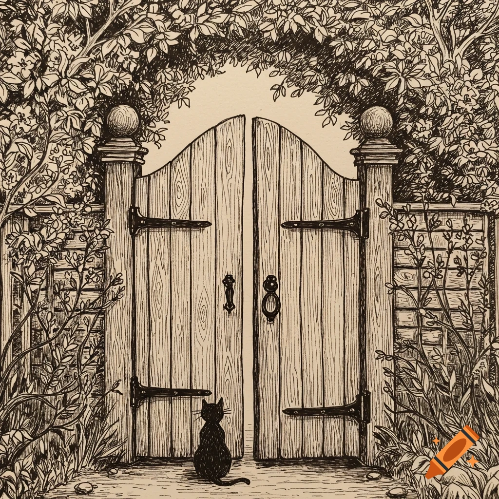 Pen scratch drawing of a black cat sitting before a closed wooden garden gate