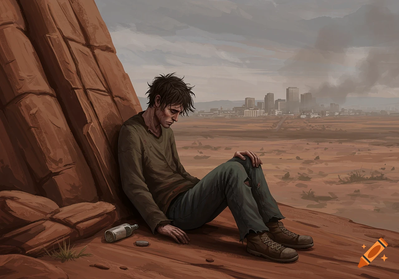 Sad man sits by rock with bottle in desert overlooking city.