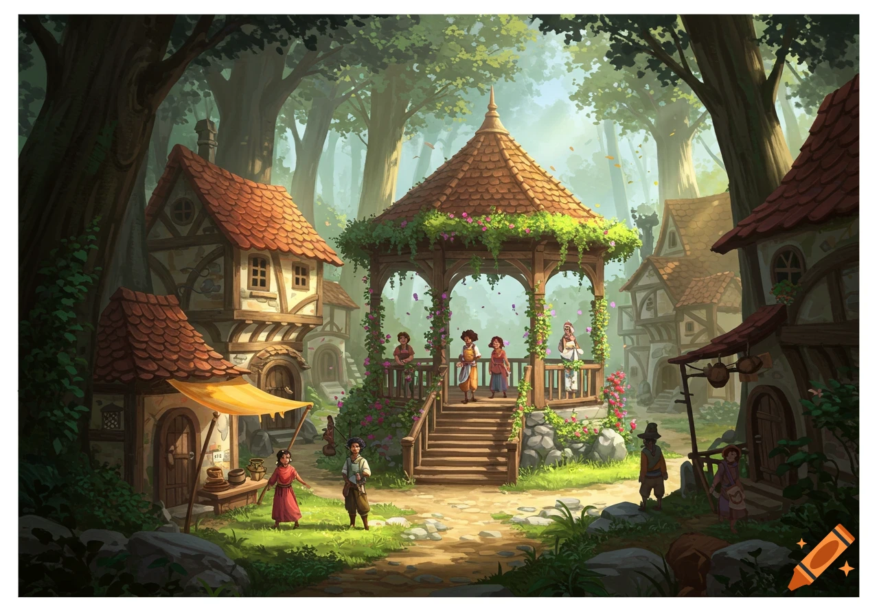 Digital illustration of a fantasy village street with a gazebo and people.