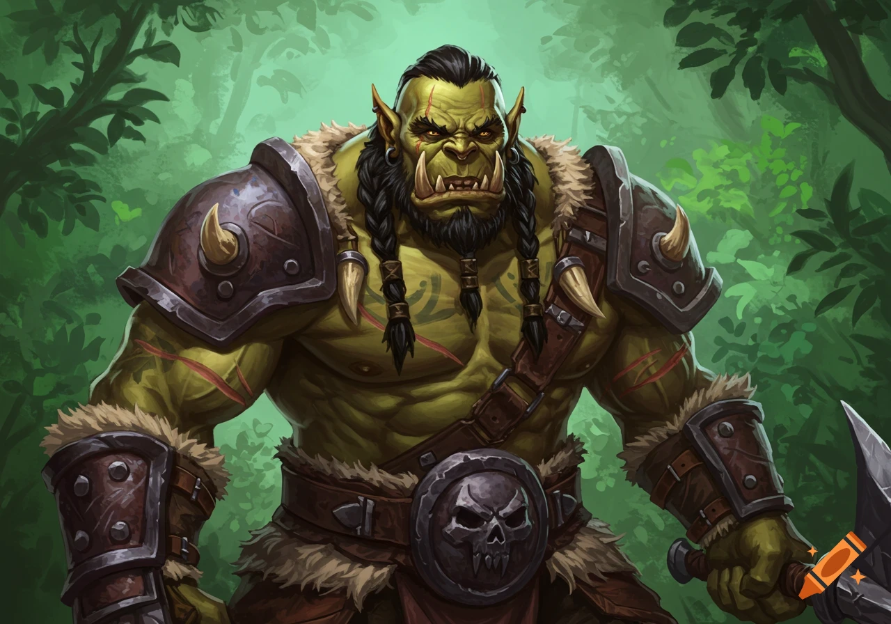 Detailed illustration of a muscular orc warrior in armor holding an axe in a forest.