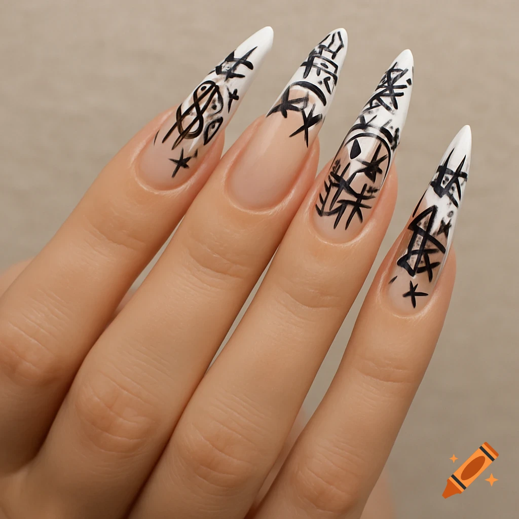 Close-up of long stiletto nails with neutral base, white tips, and black graffiti print.