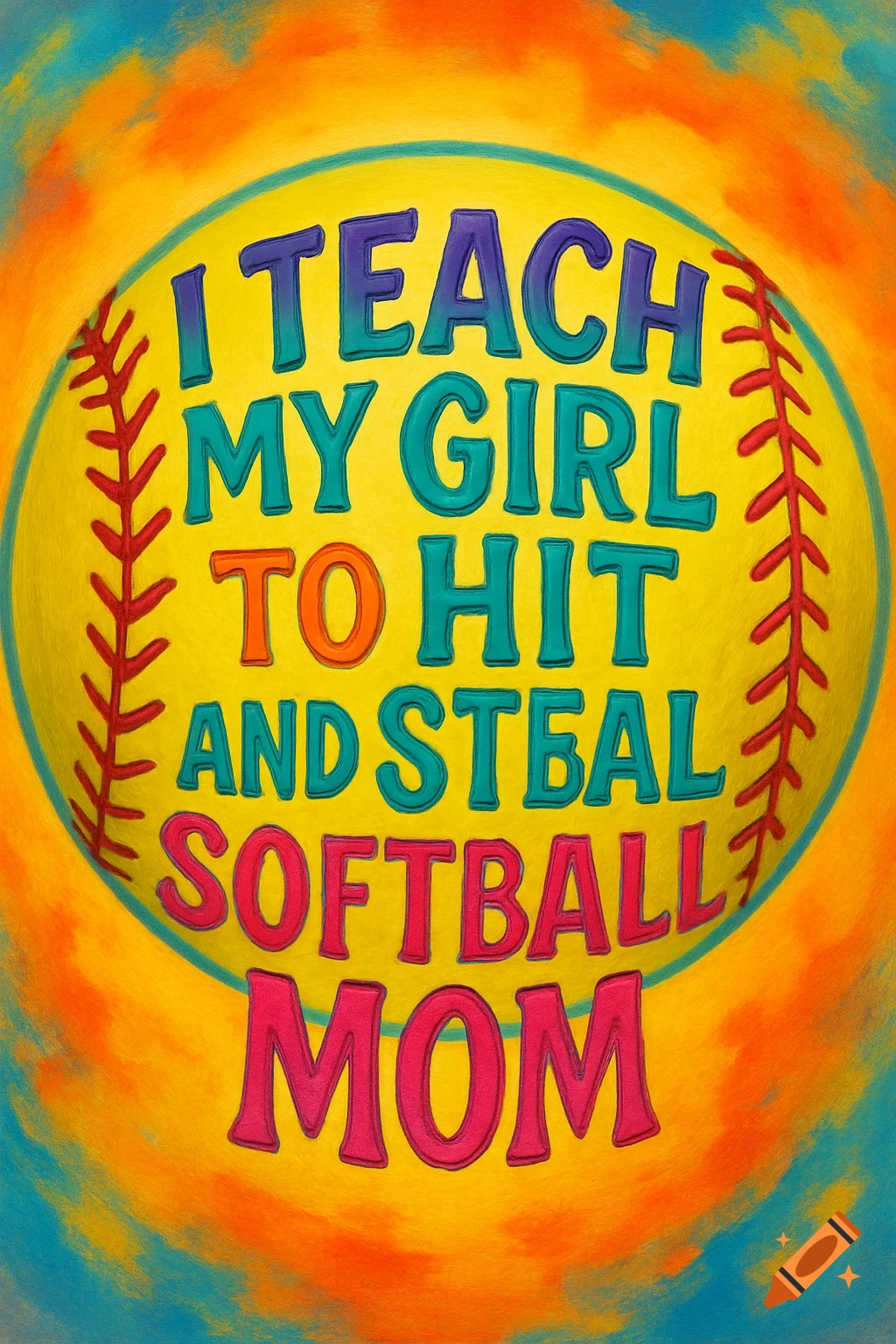 Illustration of a softball with colorful text saying 'I teach my girl to hit and steal Softball mom'
