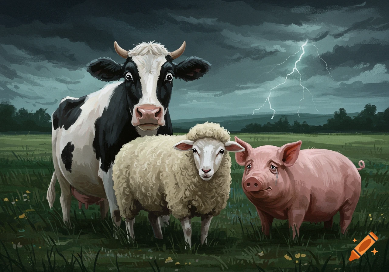 Illustration of a cow, sheep, and pig with scared and sad expressions in a field under a stormy sky with lightning.