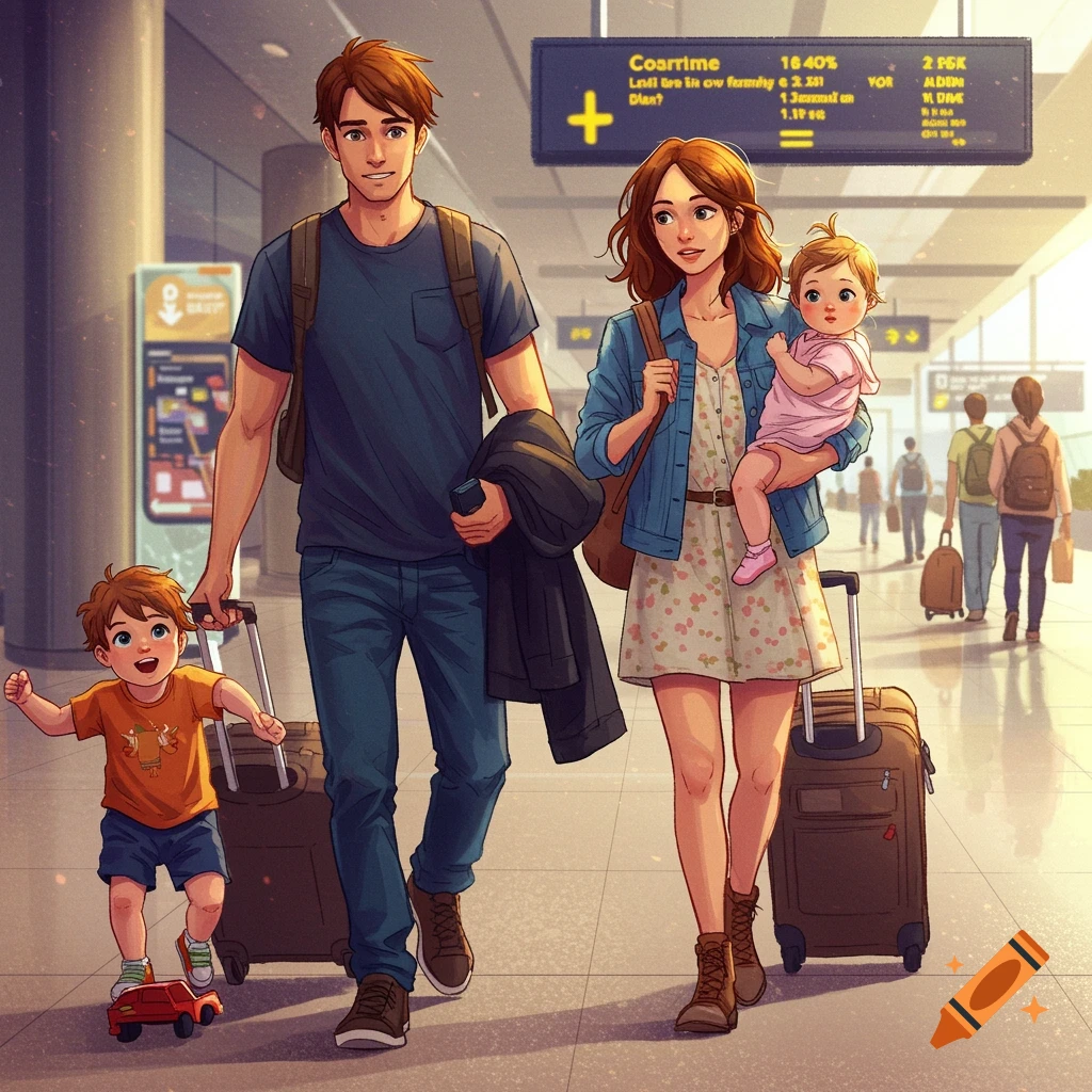 An illustration of a family, parents with two young children, walking through an airport with luggage.