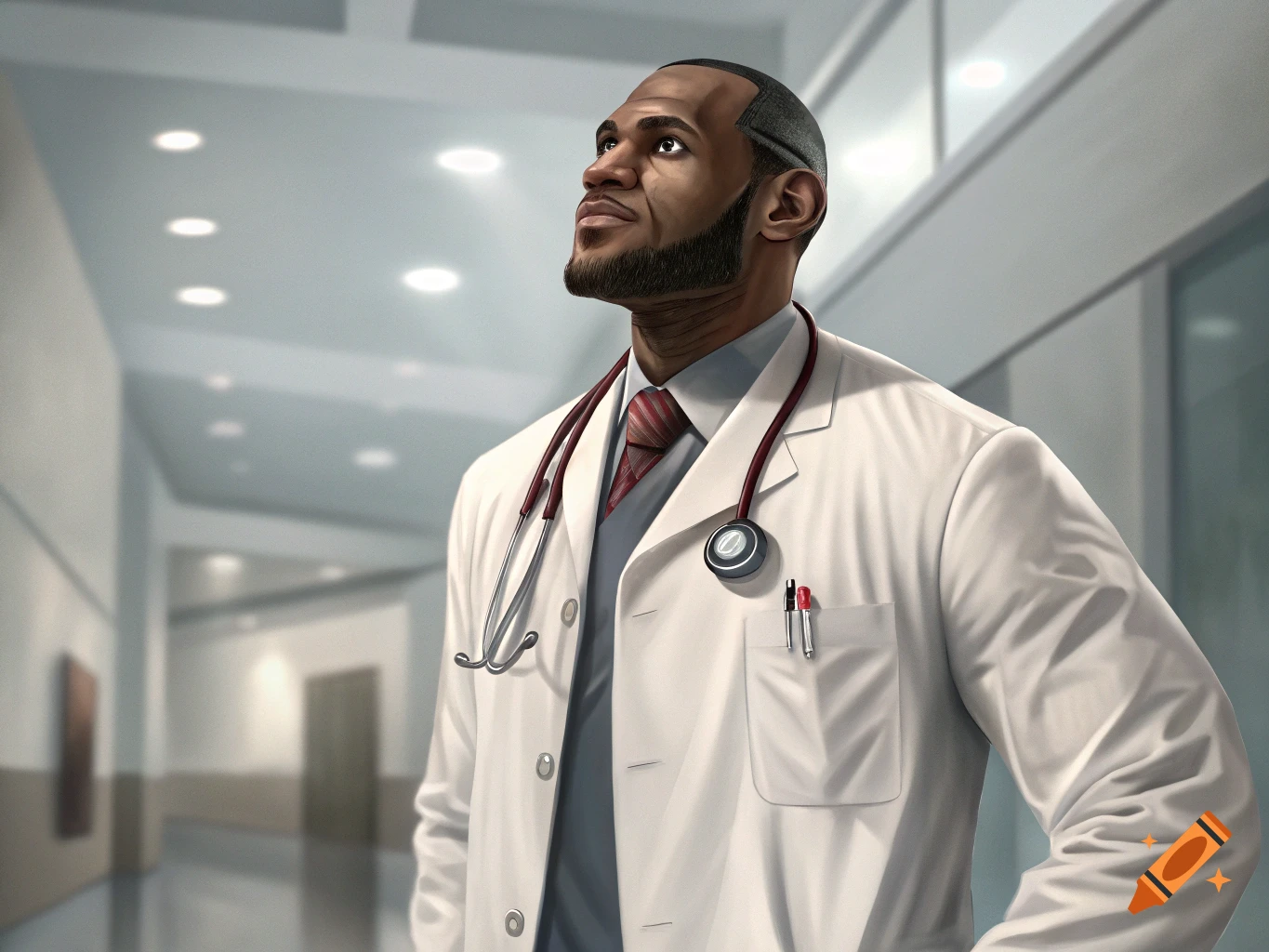 A man resembling Lebron James in a doctor's coat and stethoscope looks up in a hospital corridor.