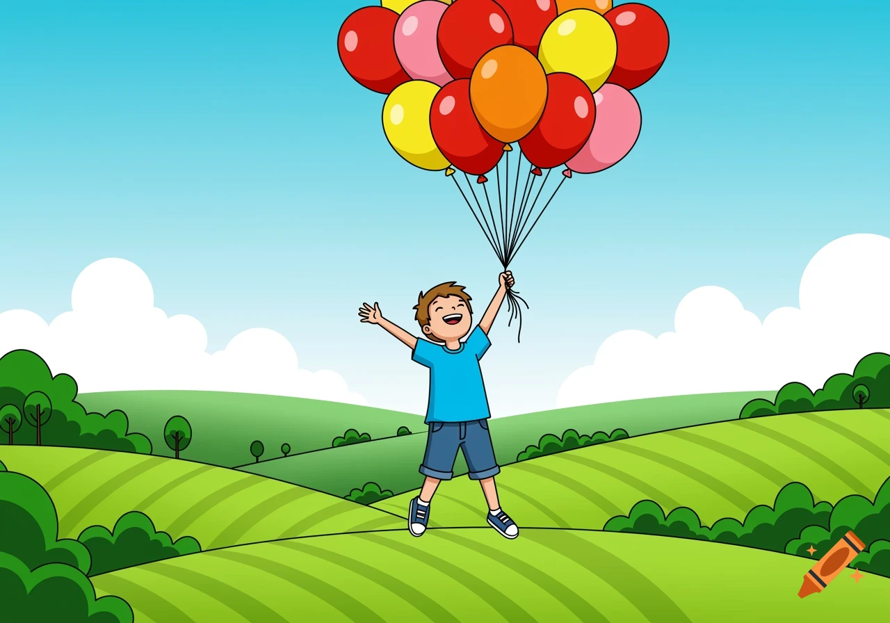 Cartoon boy flying with colorful balloons over a green valley.