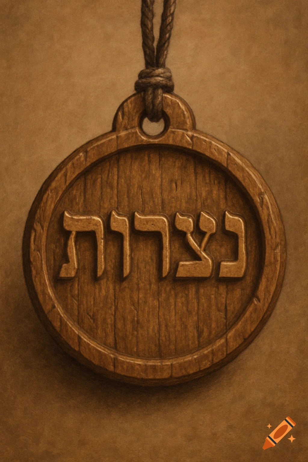 A wooden amulet carved with Hebrew text hangs from a rope.