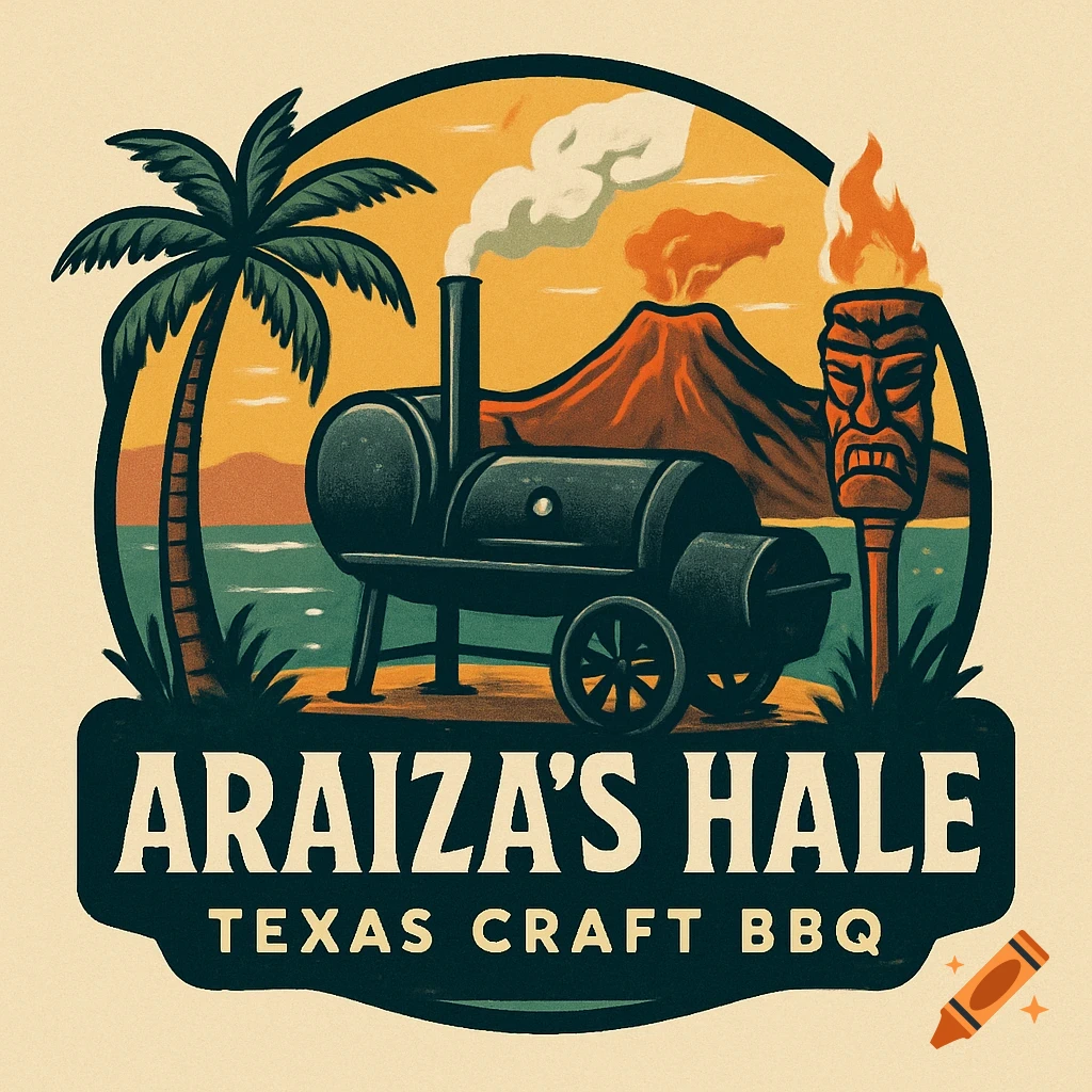 Logo for Araiza's Hale Texas Craft BBQ with smoker, palm tree, volcano, and tiki torch.