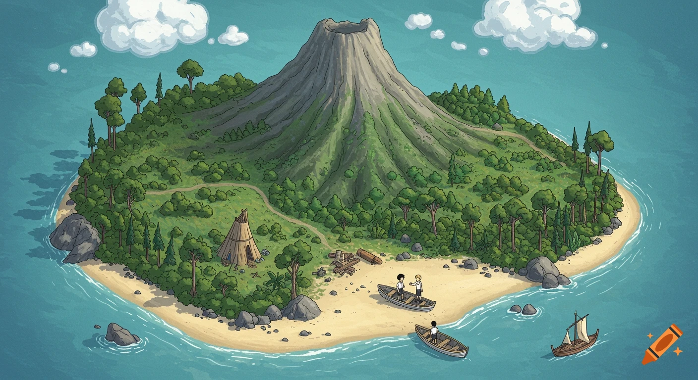 Bird's-eye illustration of a tropical island with a volcano, dense forest, beach, and boats.