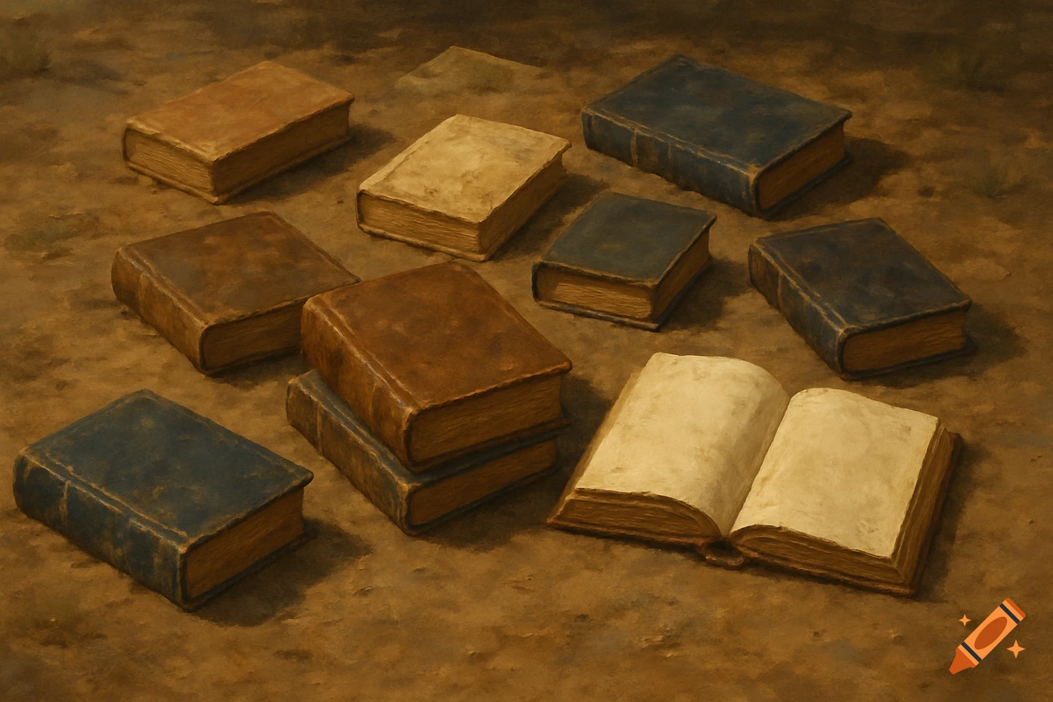 Painterly rendering of old books scattered on a dusty surface. on Craiyon