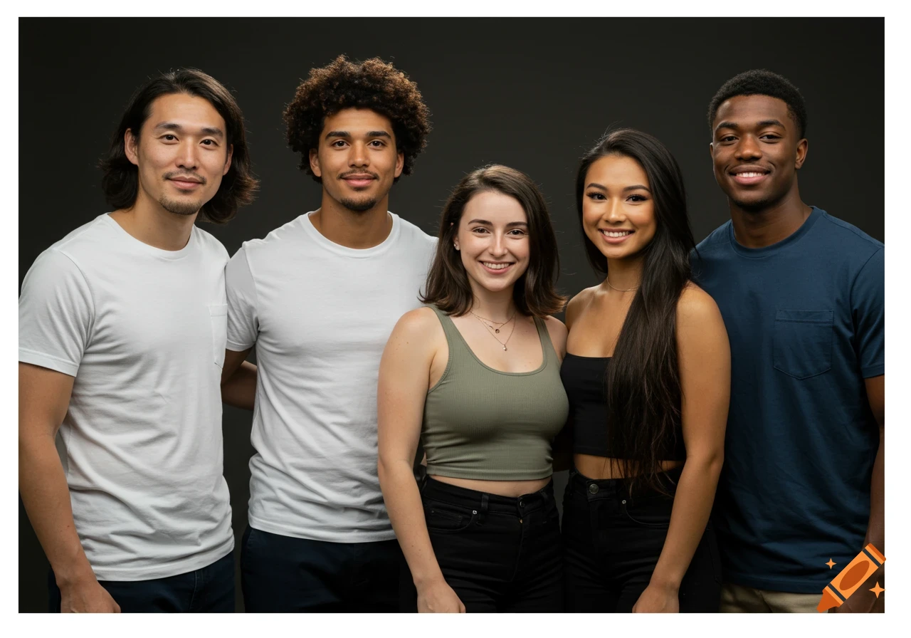 A studio portrait of five young adults smiling at the camera.