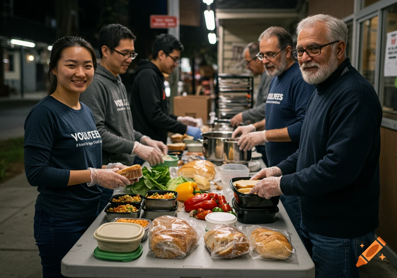 A group of diverse volunteers wearing gloves and shirts with 'VOLUNTEER' text prepare meals on a table filled with food.