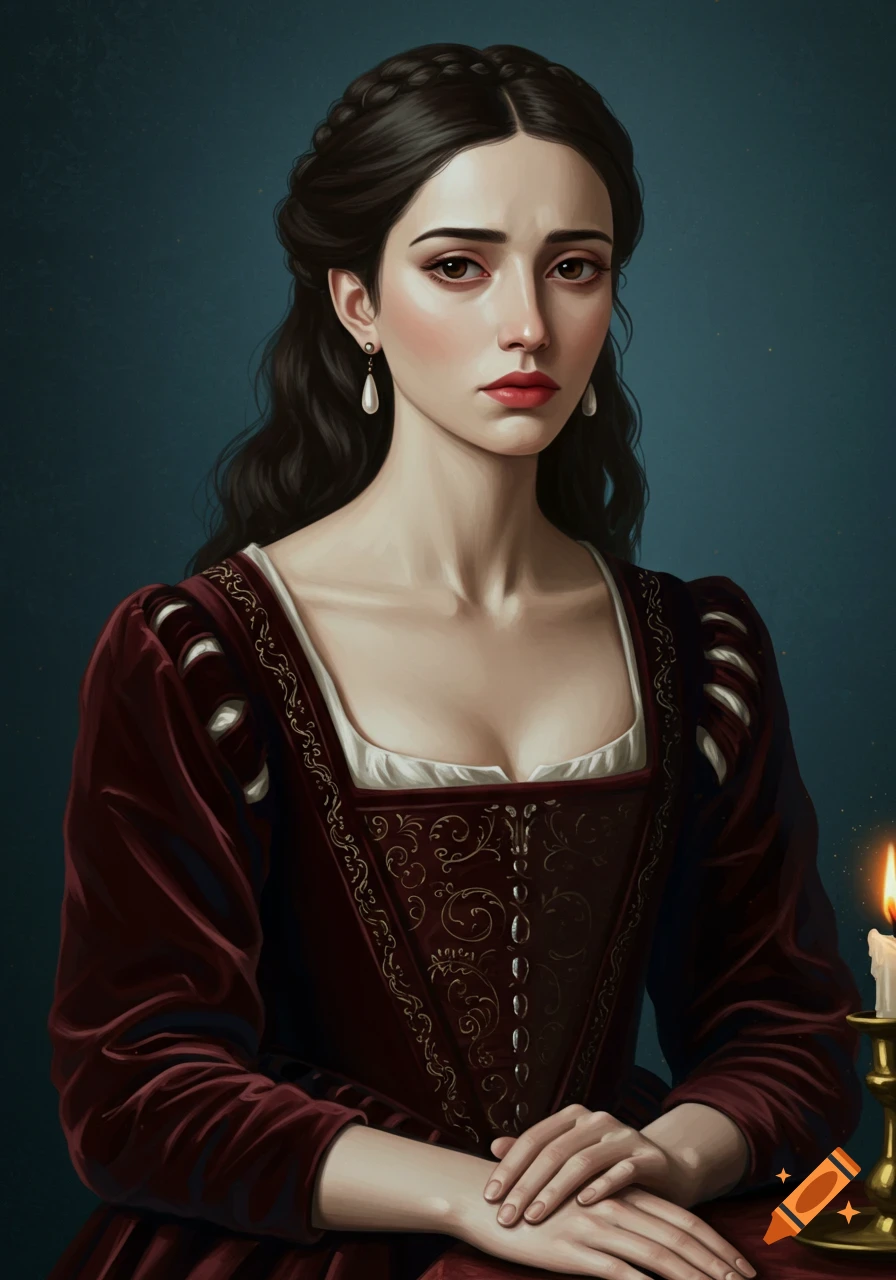 Painting of a woman in a dark red Renaissance dress sitting at a table with hands clasped.