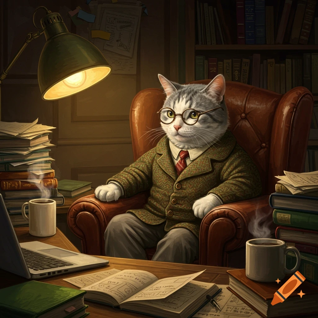 Illustration of a cat professor in a tweed jacket and glasses, sitting at a cluttered desk in a study with books, papers, and a lamp.