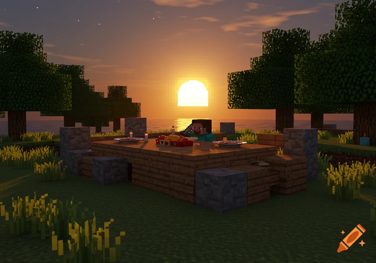 A Minecraft character sits at a table enjoying dinner outdoors at sunset.