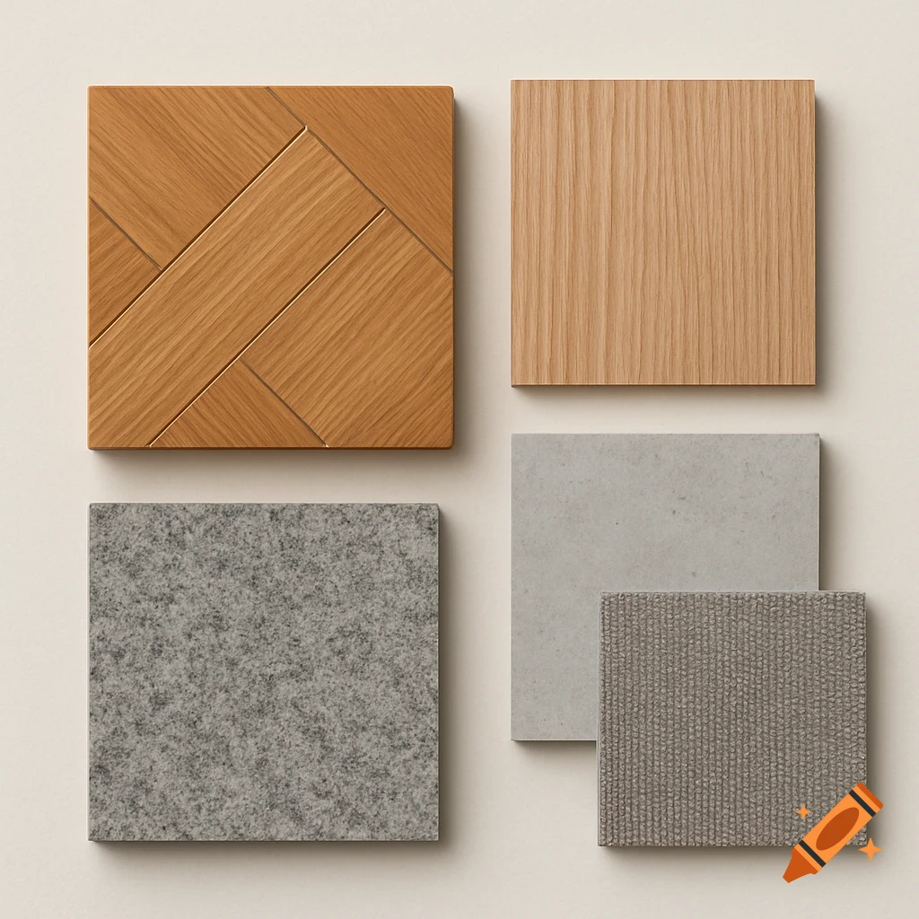 Four material samples: patterned wood, plain wood, stone, and textured fabric.