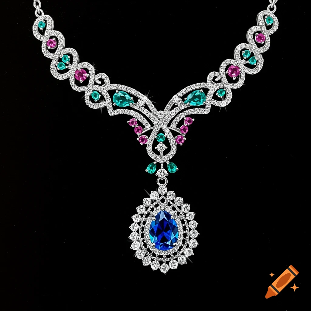 Silver necklace with large blue teardrop gem and smaller teal and pink gems on a black background.