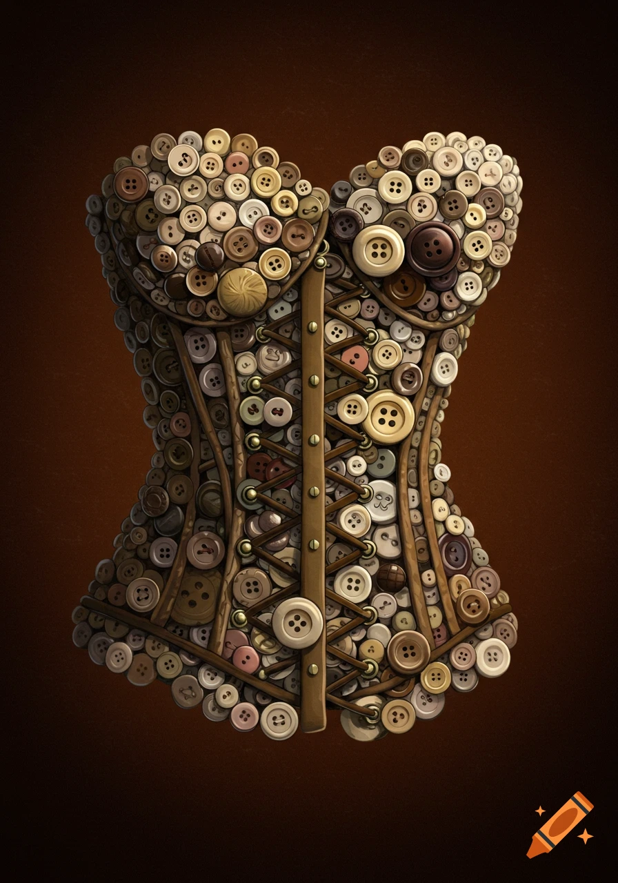 A corset made entirely out of various brown, white, and beige buttons, laced up the front.