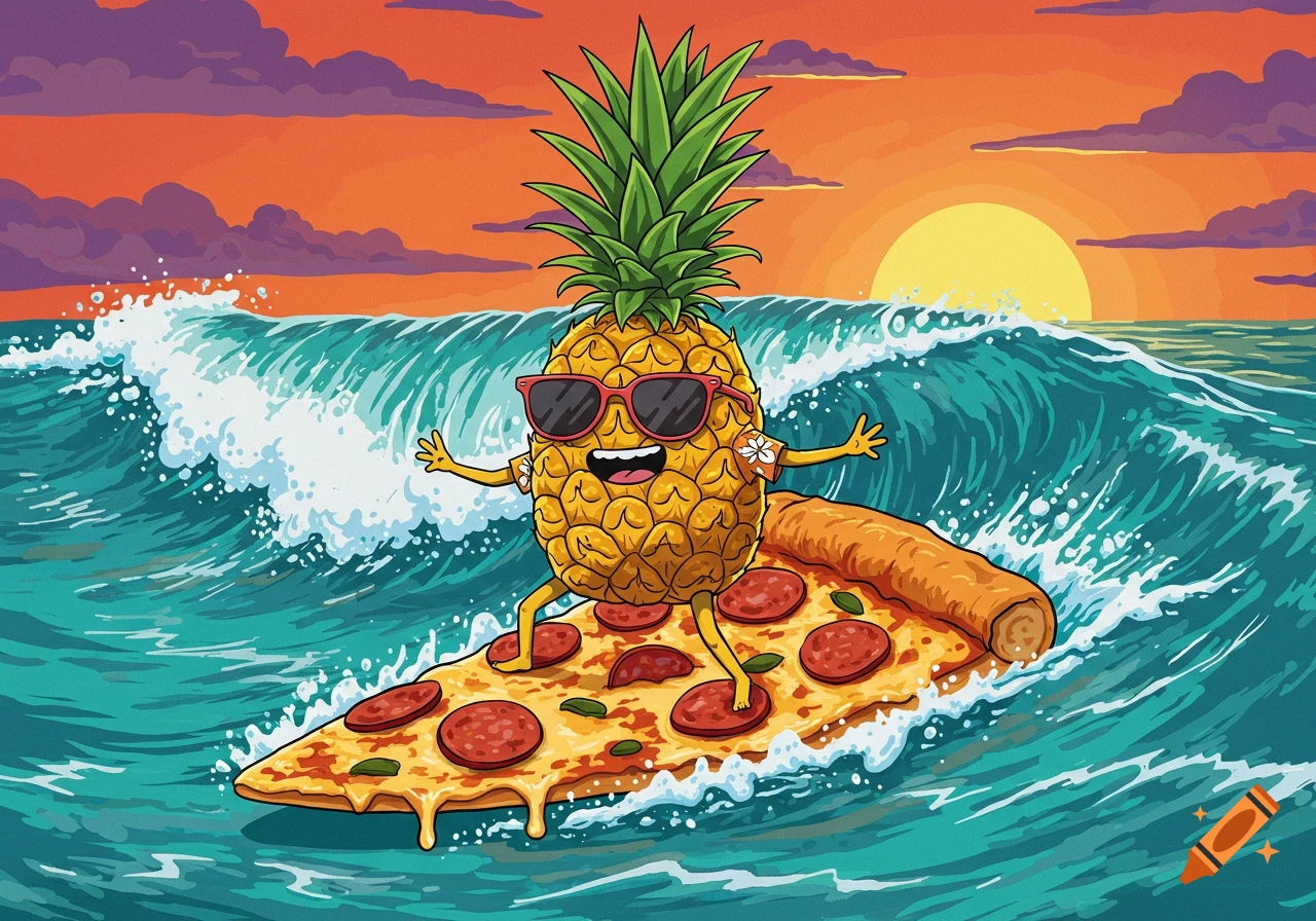 Cartoon pineapple with sunglasses and Hawaiian shirt surfs on a pepperoni pizza slice on a wave at sunset.