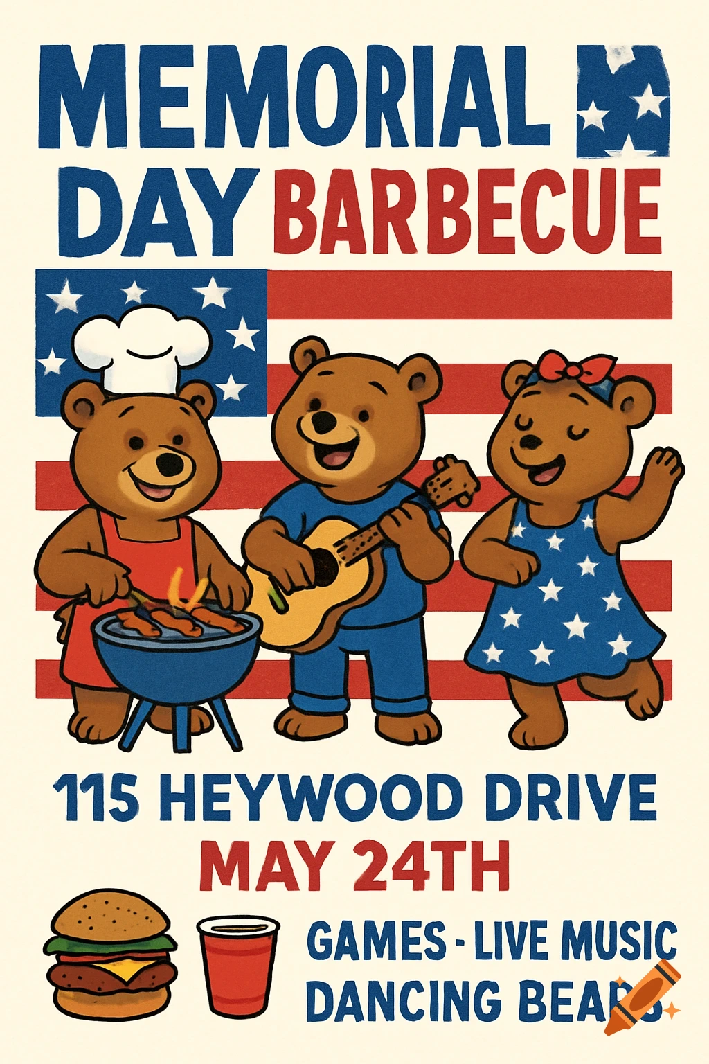 Cartoon flyer with bears barbecuing under American flag, listing Memorial Day event details, games, live music, dancing bears.