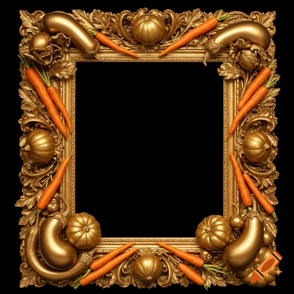 Golden baroque picture frame made of vegetables like carrots, eggplants, and gourds on a black background.