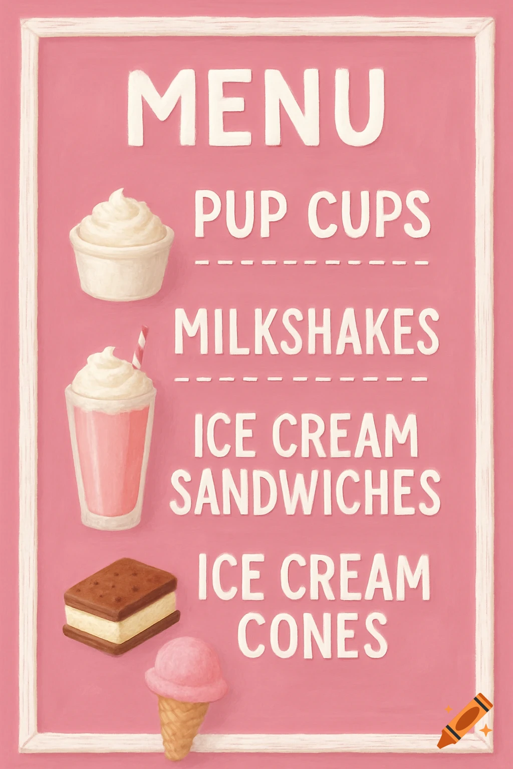 Pink menu board with illustrations of desserts like pup cups, milkshakes, ice cream sandwiches, and cones.