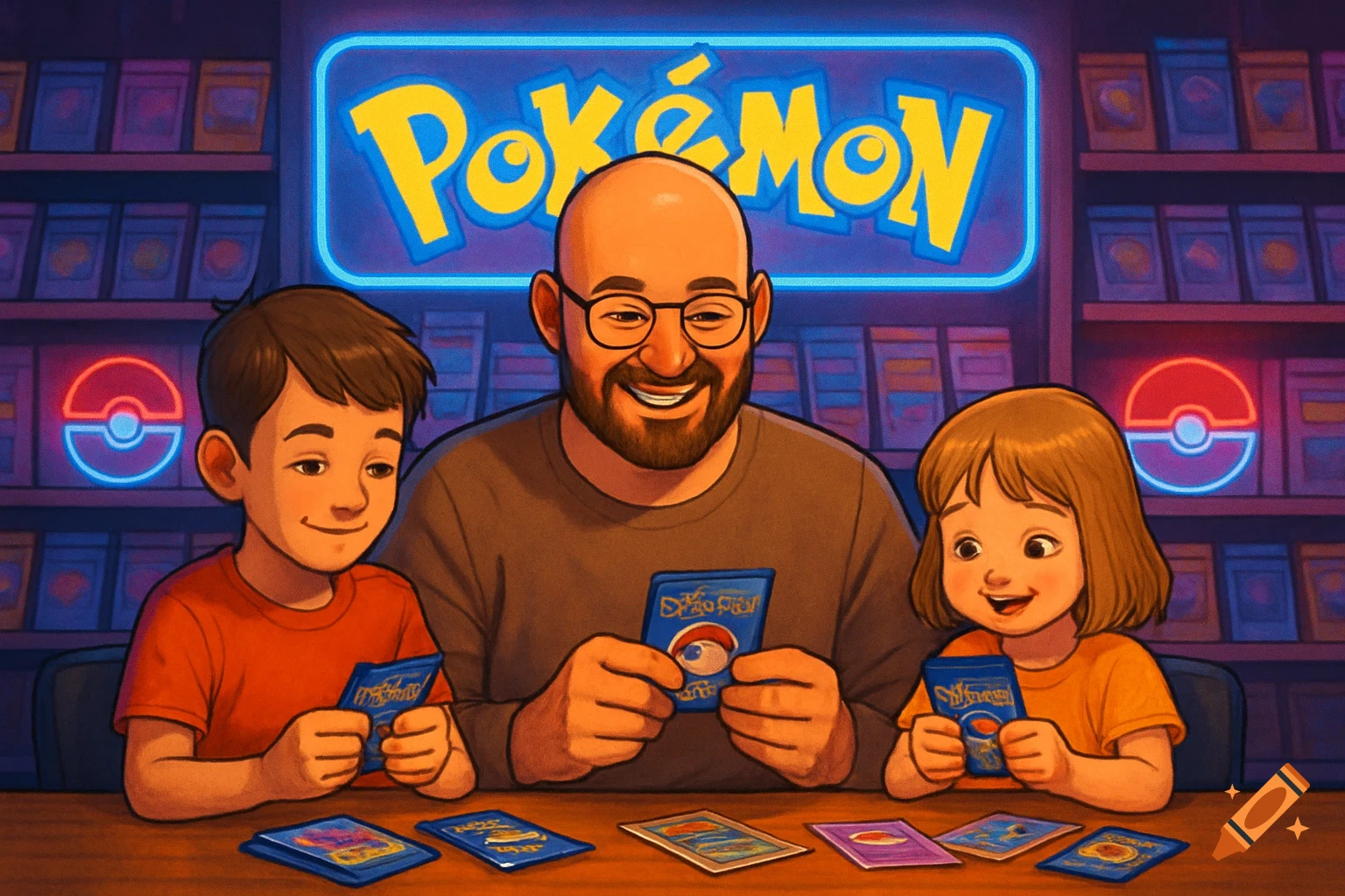 An illustration of a father, son, and daughter opening Pokemon trading cards in a shop with a neon sign.