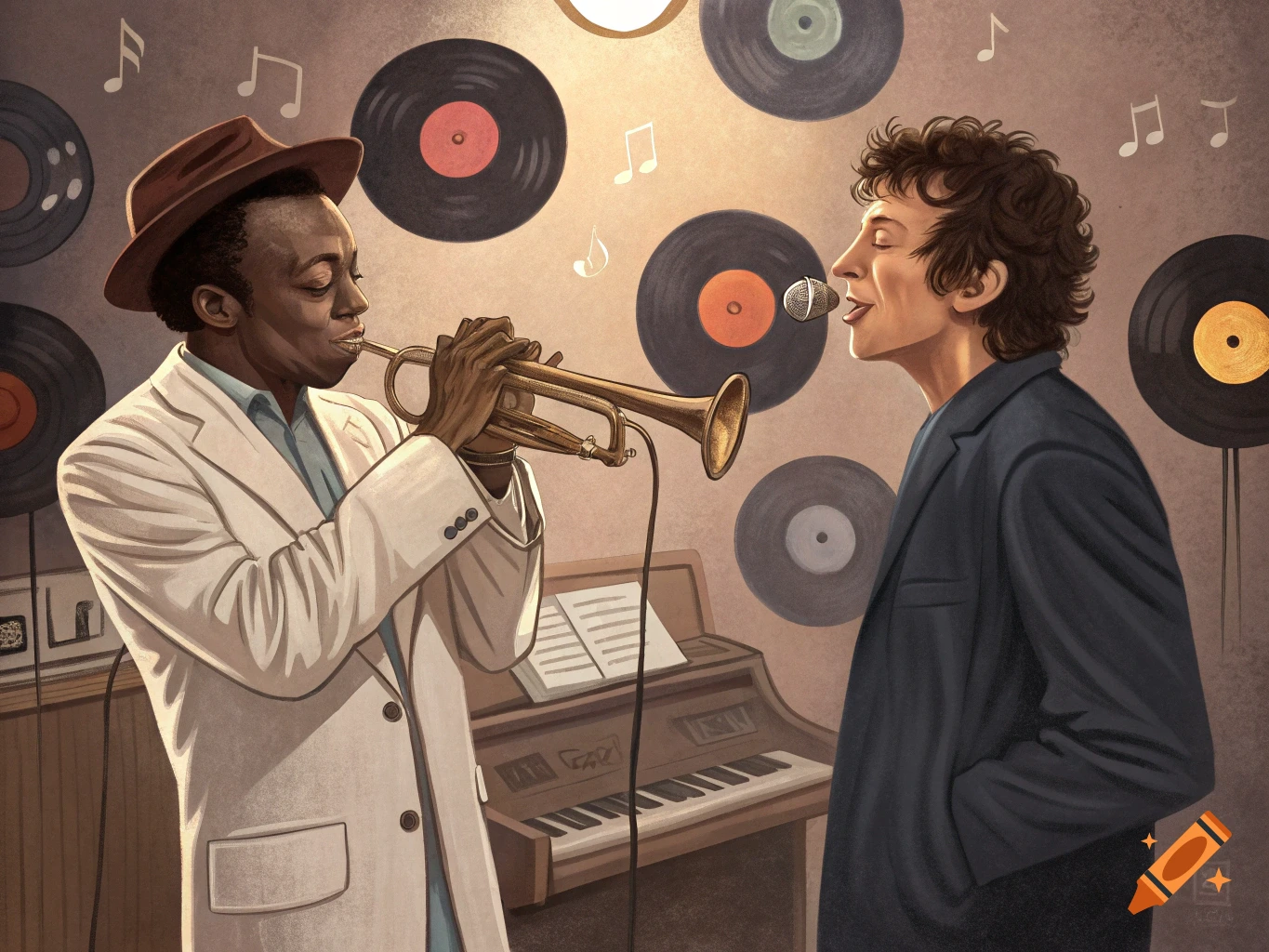 Miles Davis playing trumpet and Bob Dylan singing in a studio with records on the wall.