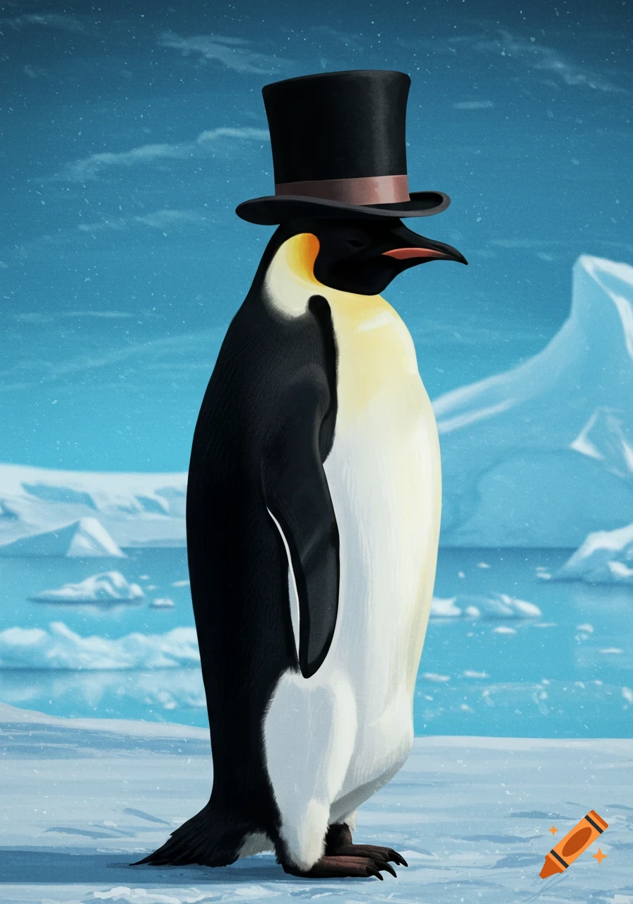 A penguin wearing a top hat stands in a snowy landscape.