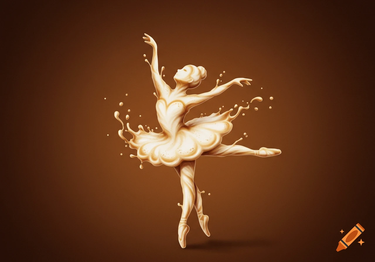 Ballerina figure made of splashing cappuccino foam on a brown background.