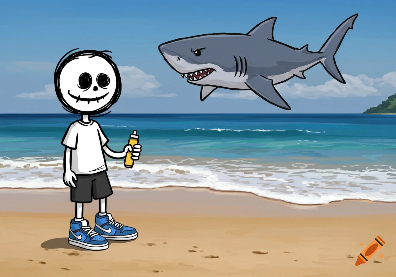 Cartoon skeleton character with skull face wearing blue Nike shoes on a beach near a shark.
