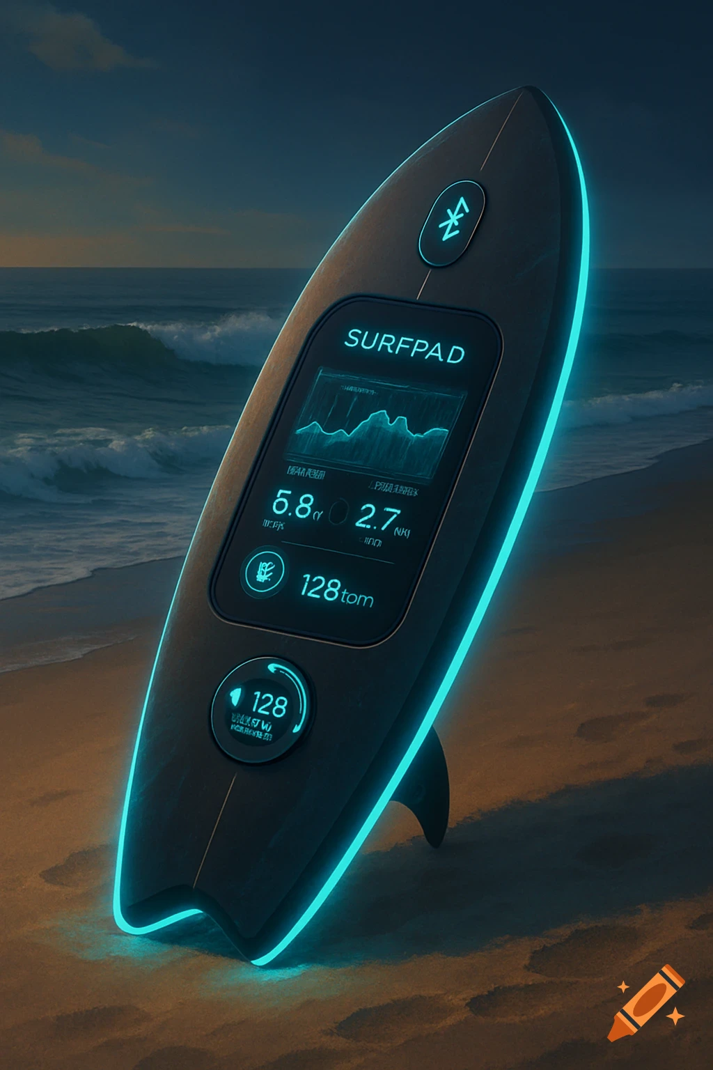 High-tech glowing surfboard on a beach at dusk.