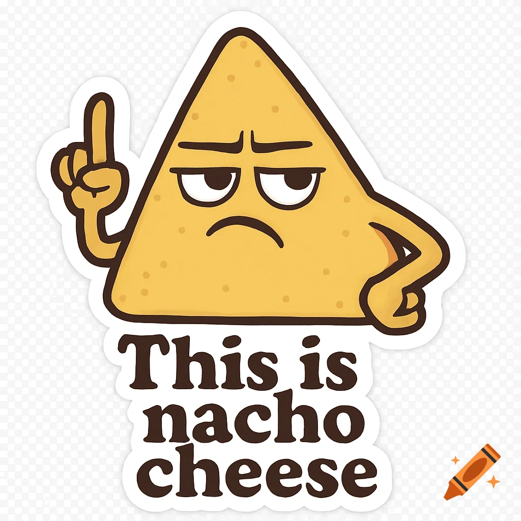 Cartoon sticker of a nacho character pointing and looking disappointed with text 'This is nacho cheese'