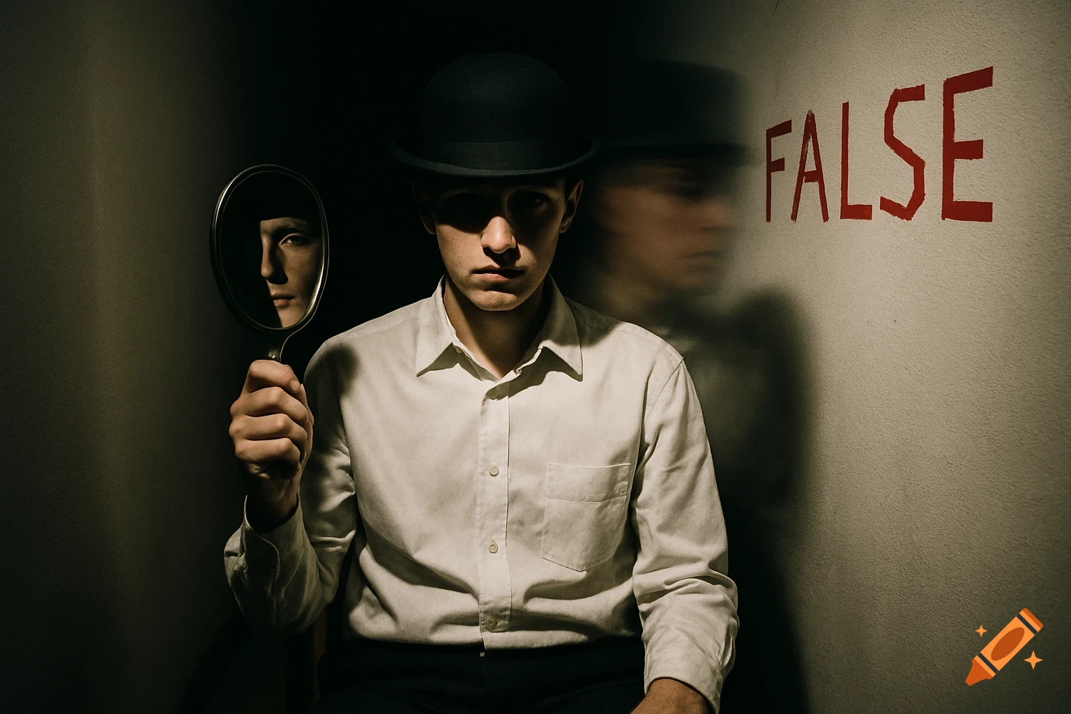 Man in bowler hat holds mirror, reflects face; 'FALSE' on wall. Dramatic lighting.