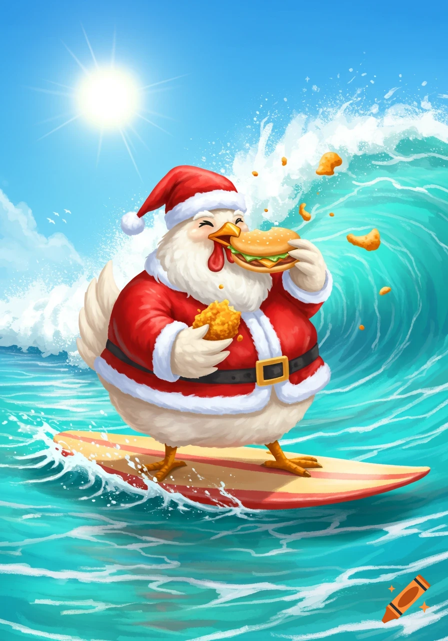 Cartoon chicken in Santa suit surfing on a wave and eating a sandwich.