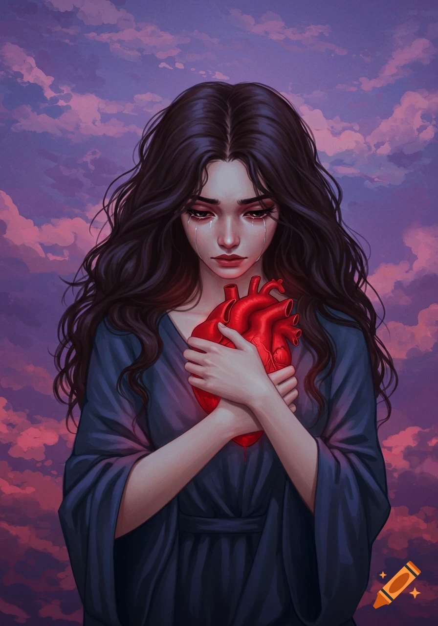Illustration of a crying woman holding a heart against a dramatic cloudy sky