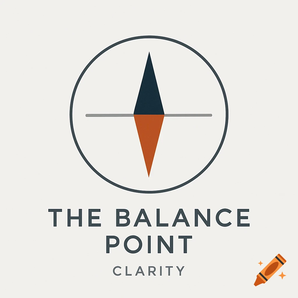 Minimalist logo with a compass symbol inside a circle above the text 'THE BALANCE POINT CLARITY'.
