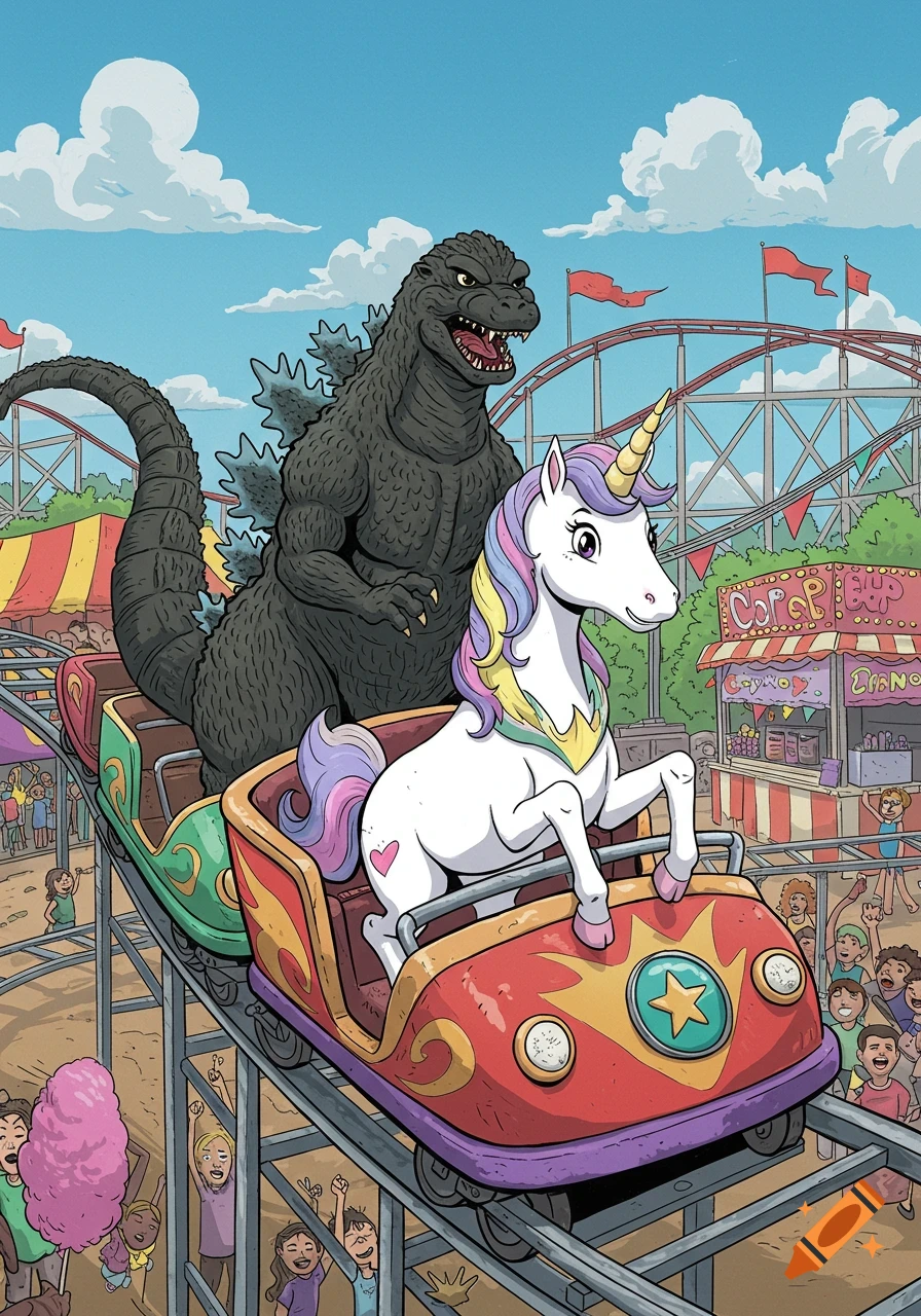 Cartoon illustration of Godzilla and a unicorn riding a rollercoaster at an amusement park.