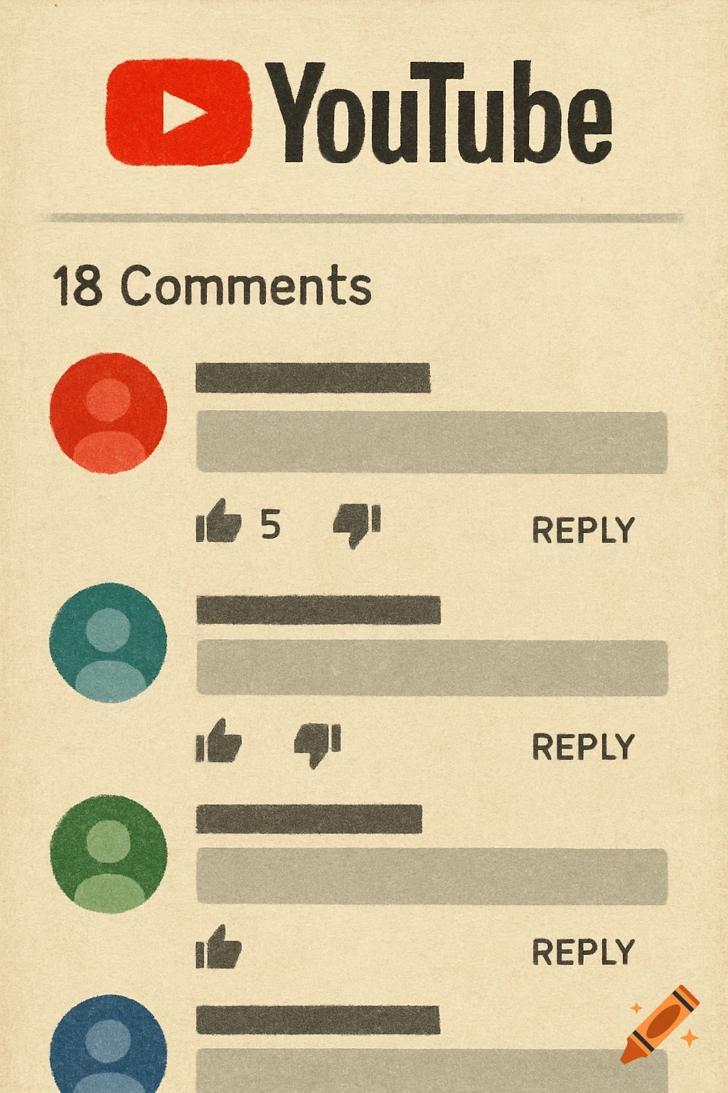 Illustration of a YouTube comment section interface with profile icons, text, and buttons.