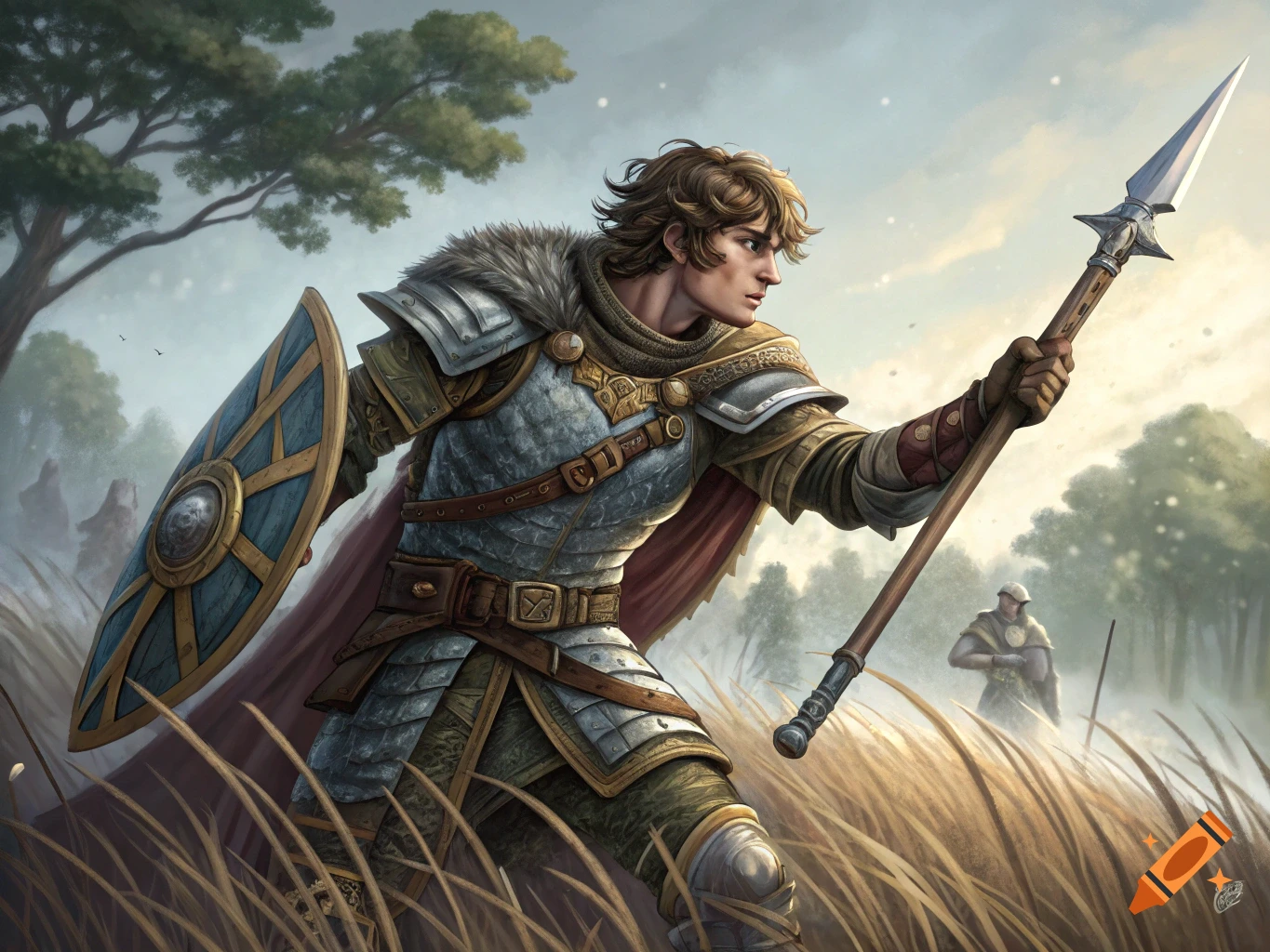 A fantasy illustration of a warrior in armor holding a spear and shield in a field.