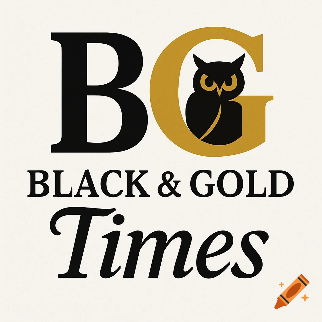 Logo for Black & Gold Times newspaper. Features large black 'B' and gold 'G' with a black owl inside the 'G'. Below, 'BLACK & GOLD Times' text.