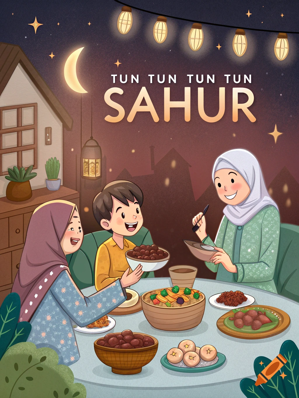 Cartoon illustration of a family eating Sahur at night with the text TUN TUN TUN TUN TUN SAHUR.