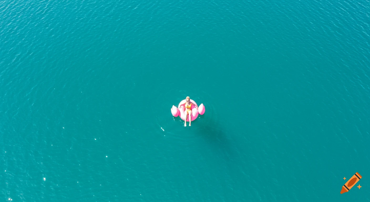 Aerial view of person on a pink flamingo float in blue water