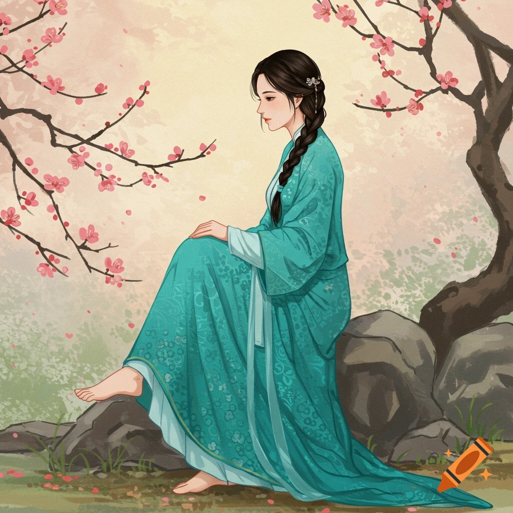 An illustration of a barefoot Chinese woman in traditional clothing sitting by a tree with pink blossoms.